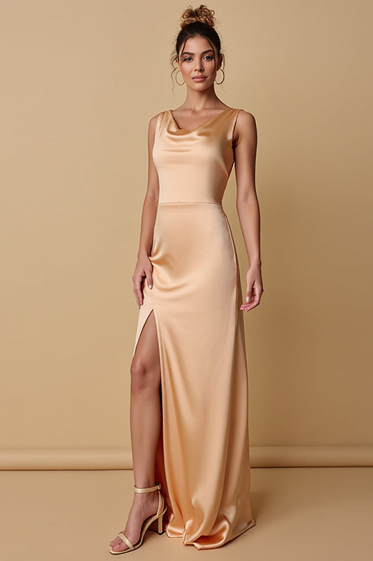 Champagne Satin Sheath Scoop Neck Long Bridesmaid Dress with Slit