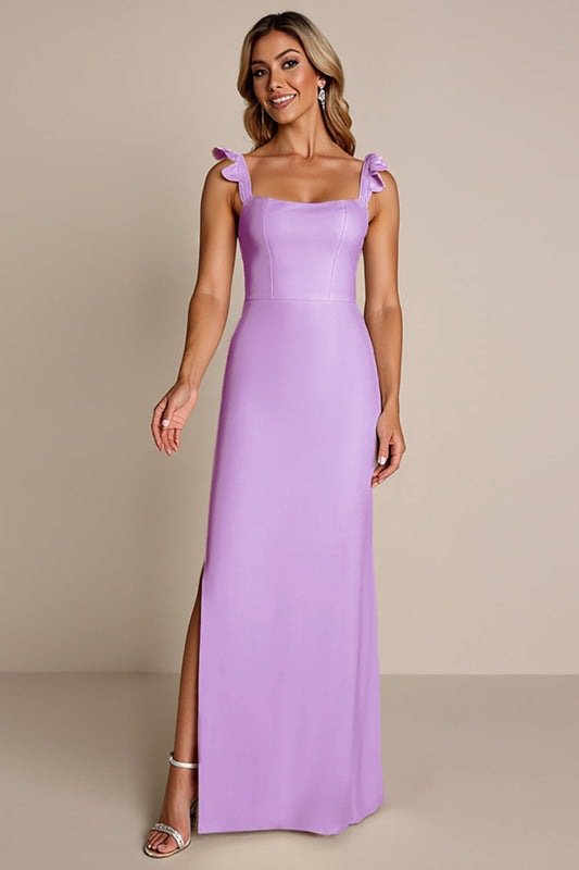 Lilac Sheath Square Neck Long Satin Bridesmaid Dress with Slit