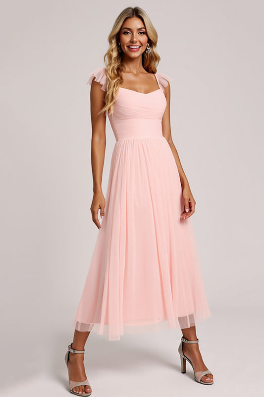 Blush A Line Scoop Neck Tulle Long Bridesmaid Dress