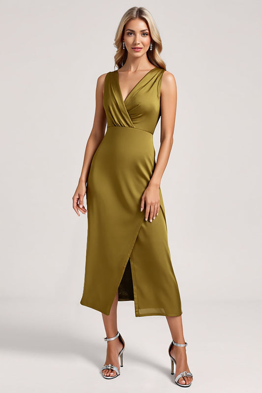 Olive Sheath Satin Ruched Long V-Neck Bridesmaid Dress with Slit