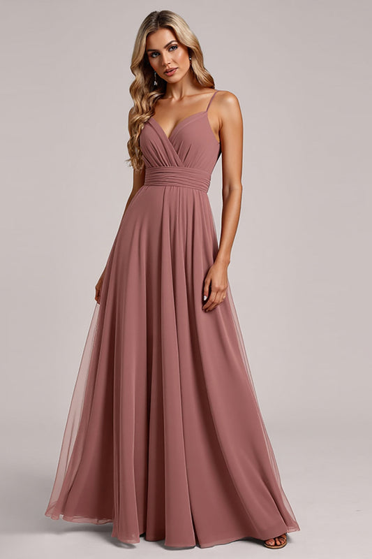 Vintage Mauve A Line Ruched Long Backless Bridesmaid Dress