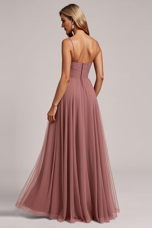 Vintage Mauve A Line Ruched Long Backless Bridesmaid Dress