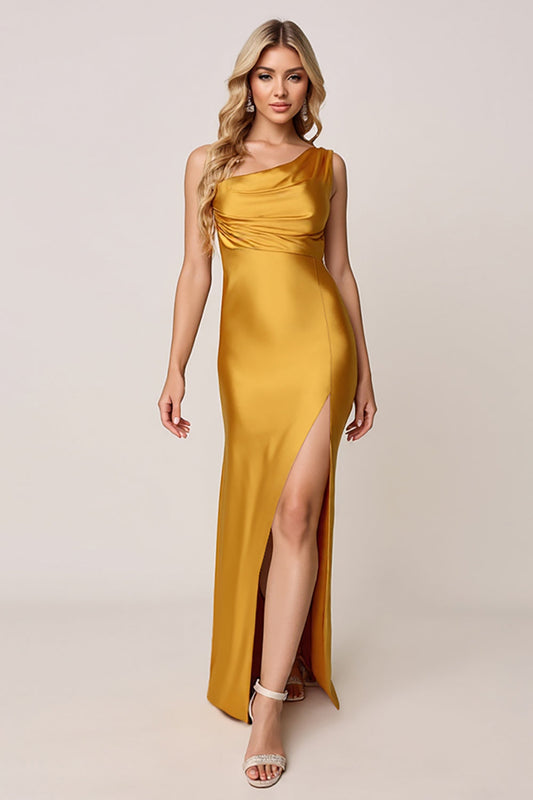 Satin Gold Sheath One Shoulder Ruched Long Bridesmaid Dress with Slit