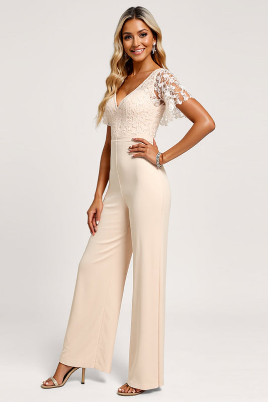 Satin Apricot V-Neck Long Bridesmaid Jumpsuit with Lace Appliques