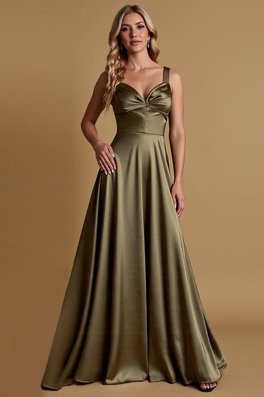 A Line Olive Satin Ruched Spaghetti Straps Long Bridesmaid Dress