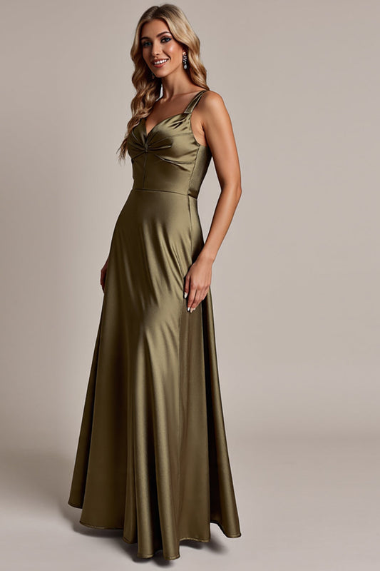 A Line Olive Satin Ruched Spaghetti Straps Long Bridesmaid Dress