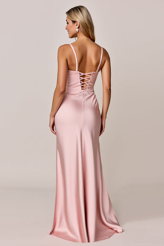Blush Mermaid Satin Spaghetti Straps Long Bridesmaid Dress with Slit