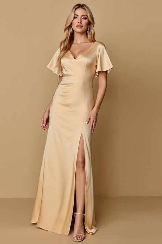 Champagne Sheath V-Neck Satin Long Bridesmaid Dress with Sleeves