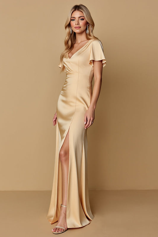 Champagne Sheath V-Neck Satin Long Bridesmaid Dress with Sleeves