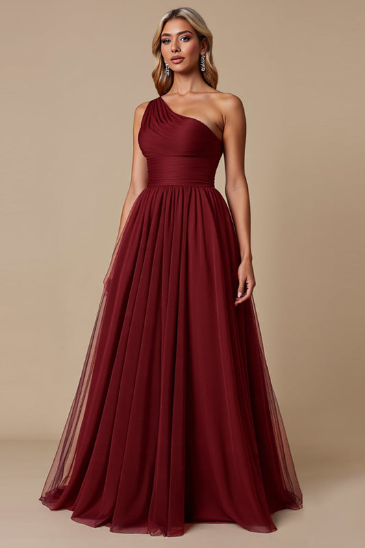 A Line Cabernet One Shoulder Tulle Long Bridesmaid Dress