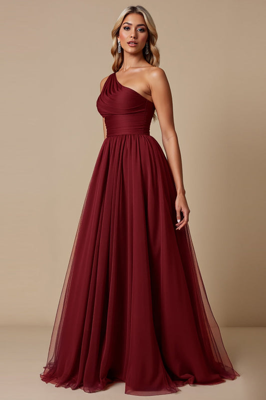A Line Cabernet One Shoulder Tulle Long Bridesmaid Dress