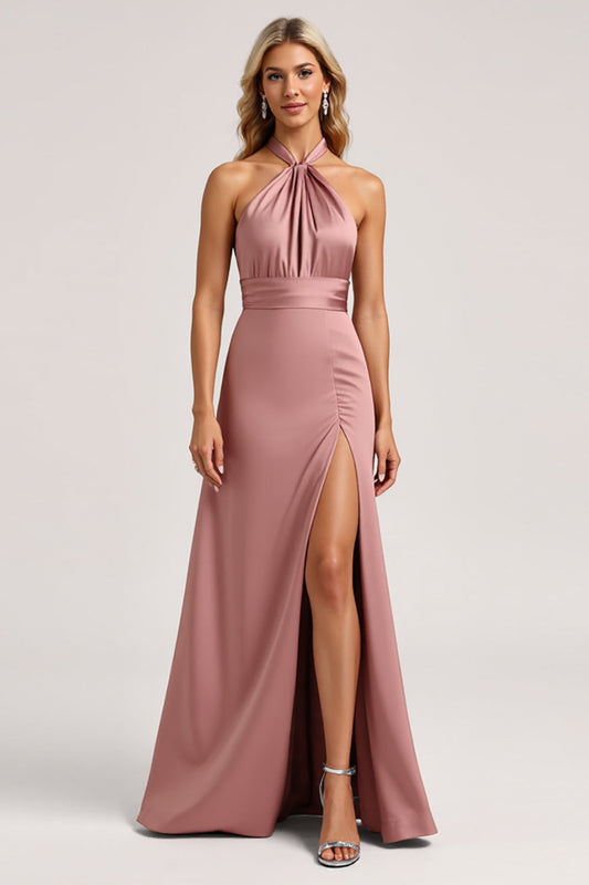 Dust Rose A Line Halter Long Satin Bridesmaid Dress with Slit
