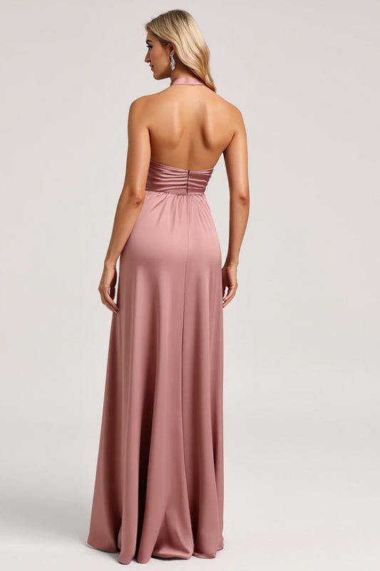 Dust Rose A Line Halter Long Satin Bridesmaid Dress with Slit
