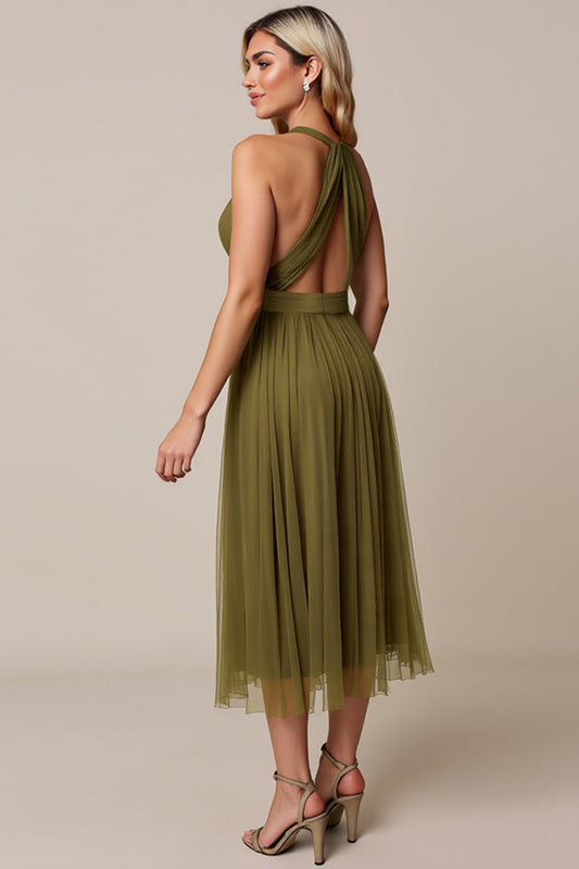Olive A Line Pleated Halter Long Tulle Bridesmaid Dress