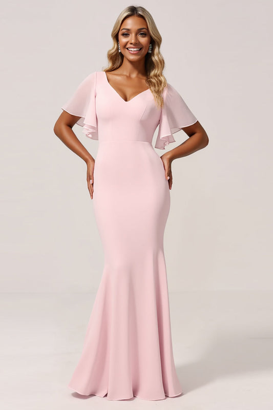 Candy Pink Mermaid V-Neck Satin Long Bridesmaid Dress with Short Sleeves