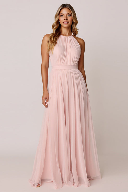Candy Pink A Line Halter Long Bridesmaid Dress with Pleated