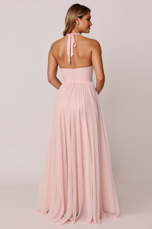 Candy Pink A Line Halter Long Bridesmaid Dress with Pleated