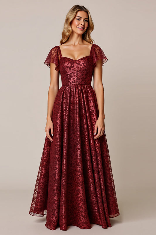 Sparkly Cabernet A Line Appliqued Long Bridesmaid Dress with Sleeves