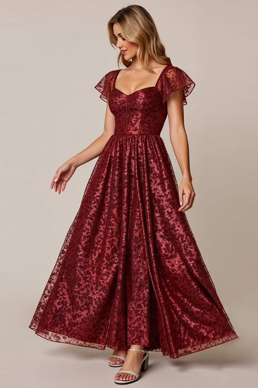Sparkly Cabernet A Line Appliqued Long Bridesmaid Dress with Sleeves