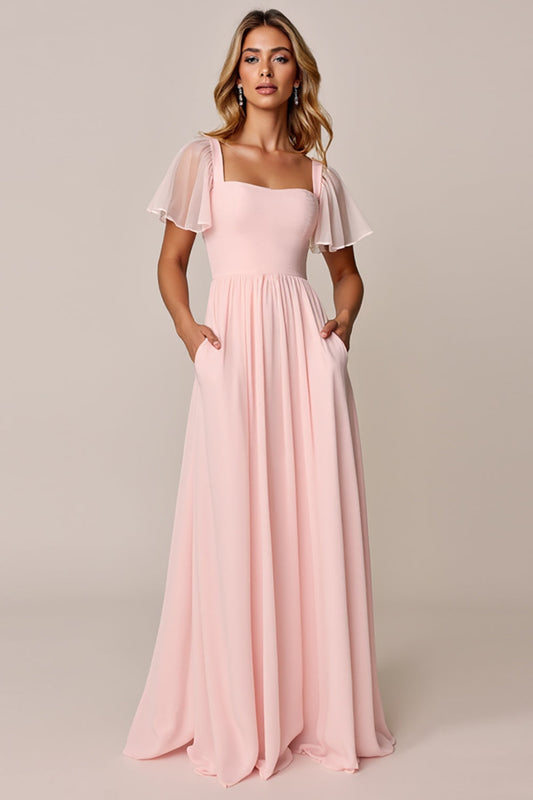 Candy Pink A Line Chiffon Long Bridesmaid Dress with Short Sleeves