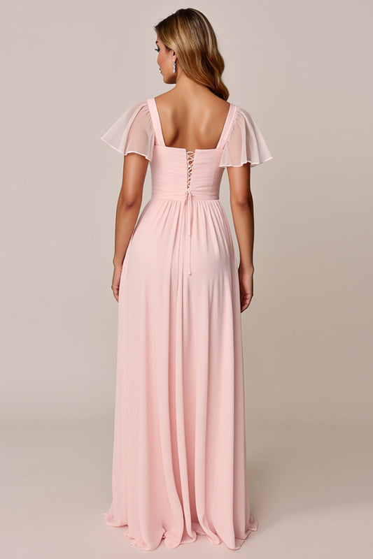 Candy Pink A Line Chiffon Long Bridesmaid Dress with Short Sleeves