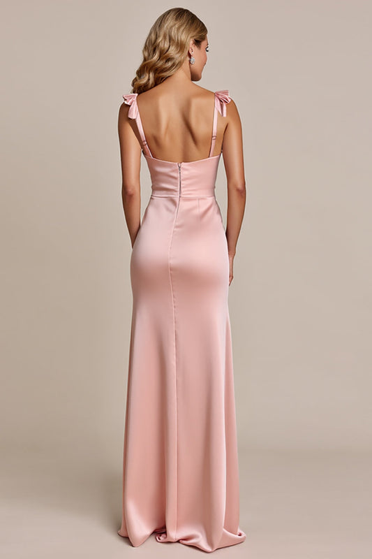 Blush Sheath Spaghetti Straps Long Satin Bridesmaid Dress with Slit