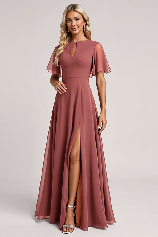 A Line Vintage Mauve Keyhole Long Bridesmaid Dress with Slit