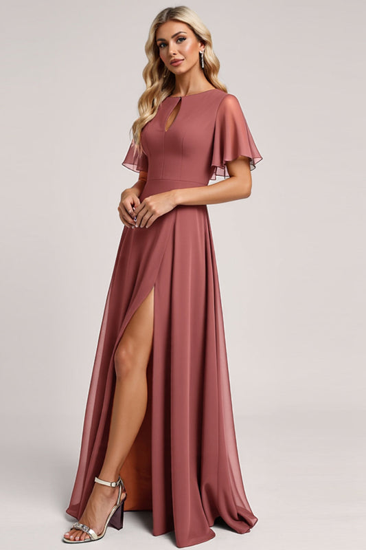 A Line Vintage Mauve Keyhole Long Bridesmaid Dress with Slit