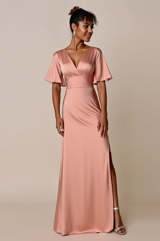 Blush V-Neck Satin Sheath Long Bridesmaid Dress with Slit