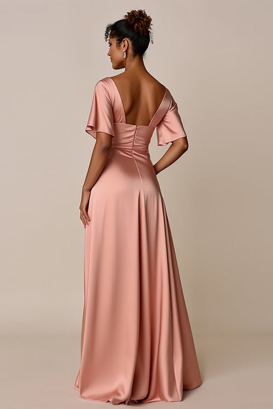 Blush V-Neck Satin Sheath Long Bridesmaid Dress with Slit