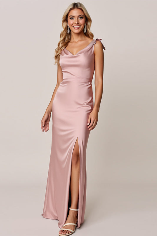 Sheath Candy Pink Satin Long Bridesmaid Dress with Slit