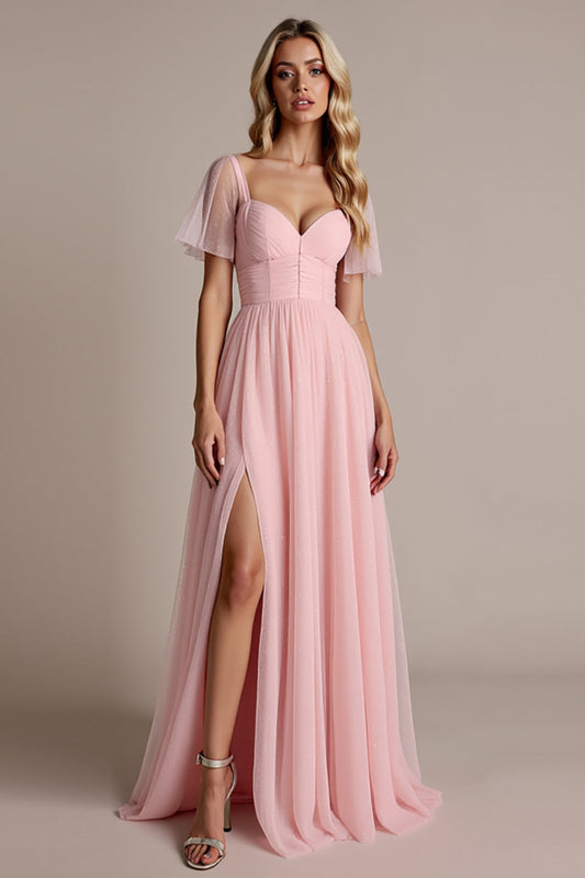 A Line Candy Pink Sweetheart Tulle Long Bridesmaid Dress with Slit