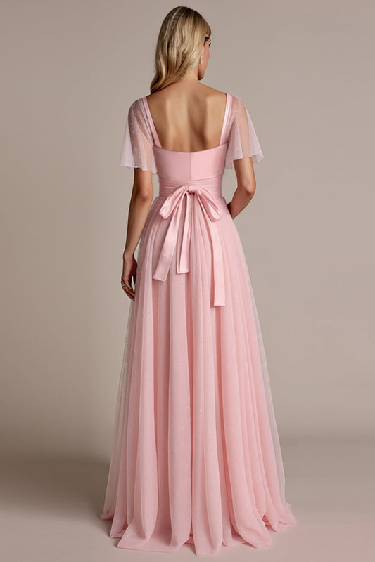 A Line Candy Pink Sweetheart Tulle Long Bridesmaid Dress with Slit