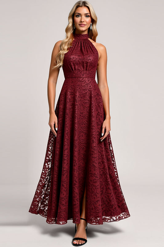 Cabernet A Line Halter Lace Long Bridesmaid Dress with Appliques