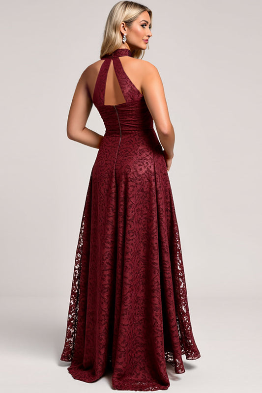 Cabernet A Line Halter Lace Long Bridesmaid Dress with Appliques