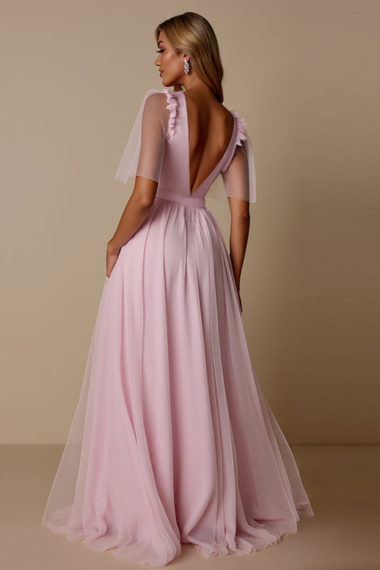 Candy Pink A Line Tulle V-Neck Long Bridesmaid Dress