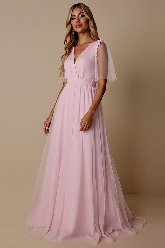 Candy Pink A Line Tulle V-Neck Long Bridesmaid Dress