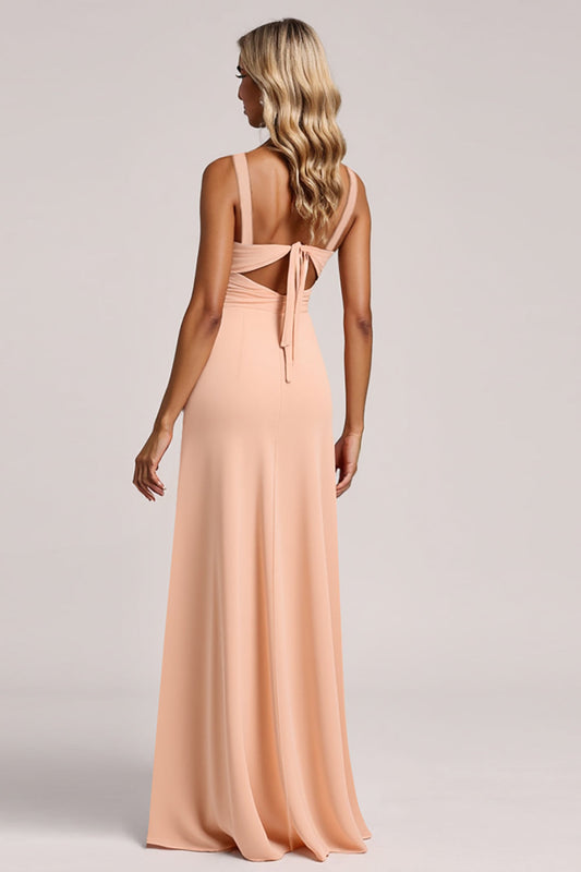 Blush Sheath V-Neck Long Ruched Bridesmaid Dress with Slit