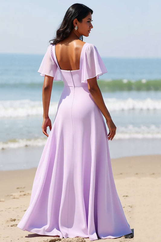 Lilac Chiffon A Line Long Bridesmaid Dress with Flutter Sleeves