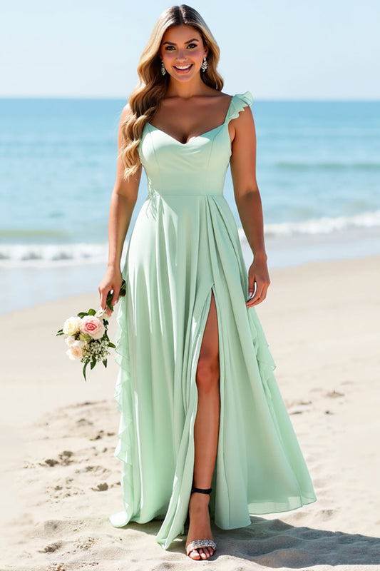 Mint Green Chiffon Plus Size Sheath Long Bridesmaid Dress with Slit