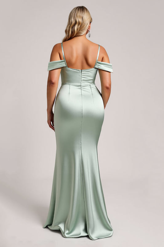 Sage Green Cold Shoulder Long Satin Bridesmaid Dress with Slit