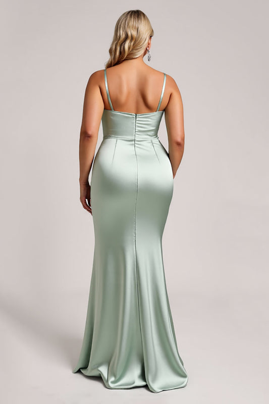 Sage Green Plus Size Satin Long Mermaid Bridesmaid Dress with Slit
