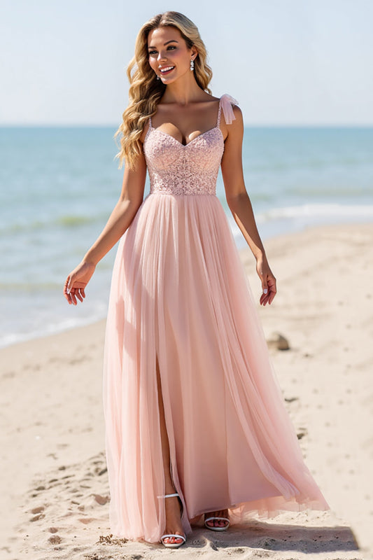 Blush Chiffon Spaghetti Straps Long Bridesmaid Dress with Appliques