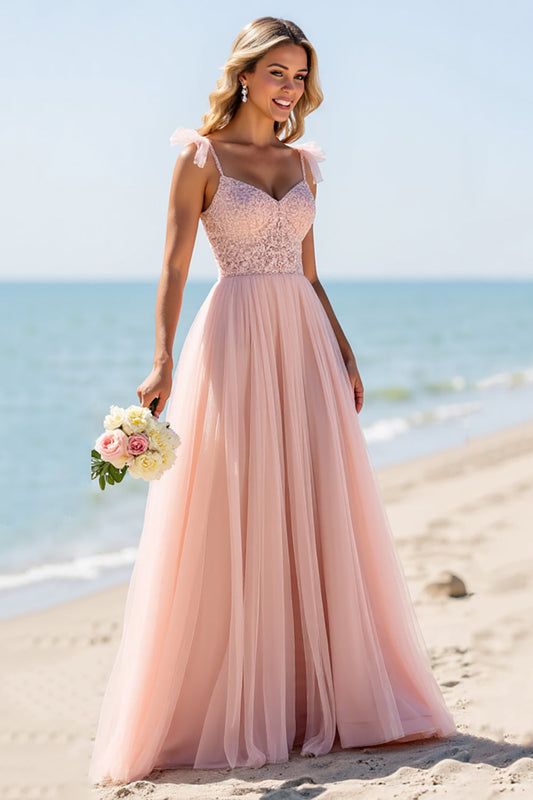 Blush Chiffon Spaghetti Straps Long Bridesmaid Dress with Appliques