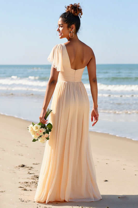 Apricot Chiffon One Shoulder Sheath Long Bridesmaid Dress with Slit
