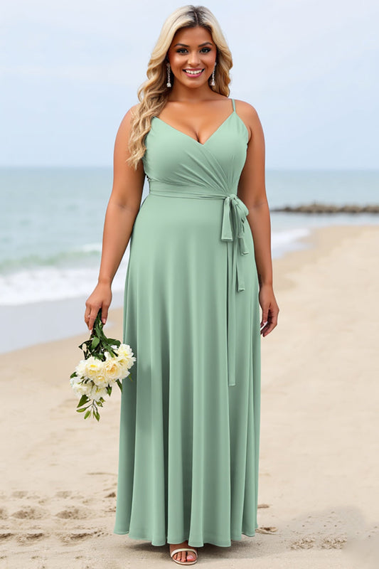 Sage Green Plus Size Chiffon V-Neck Long Bridesmaid Dress