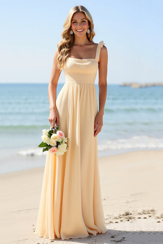 Daffodil Sheath Square Neck Long Chiffon Bridesmaid Dress