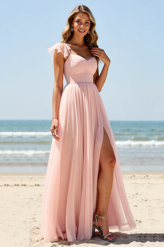 Blush Sweetheart A Line Long Bridesmaid Dress with Cap Sleeves