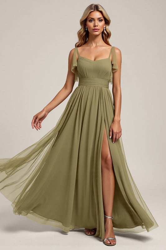 Olive Spaghetti Straps Chiffon Long Bridesmaid Dress with Slit