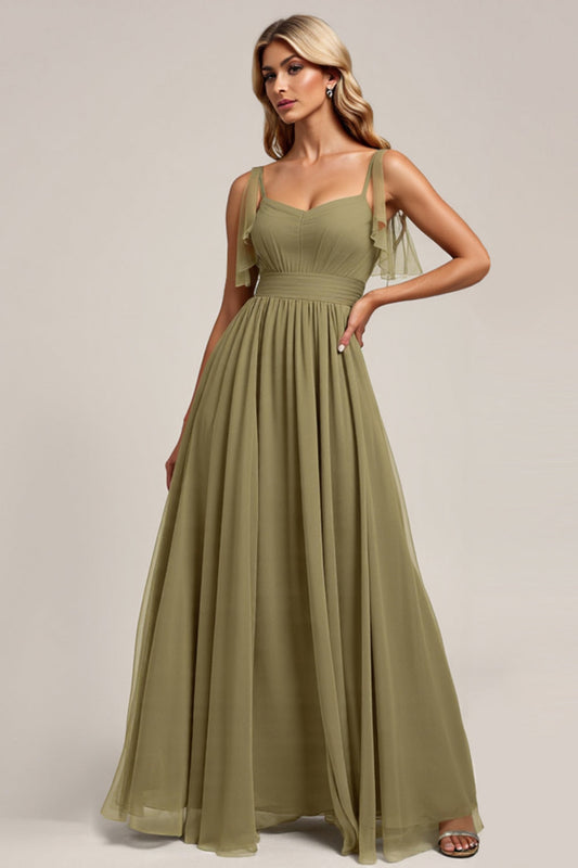 Olive Spaghetti Straps Chiffon Long Bridesmaid Dress with Slit